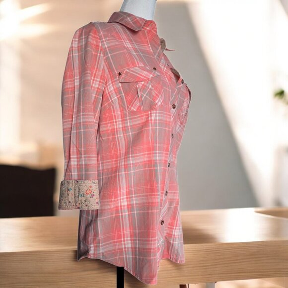 NWOT INKED & FADED (SM) Roper Women's Coral Pink Plaid Western Show Shirt - Picture 5 of 9